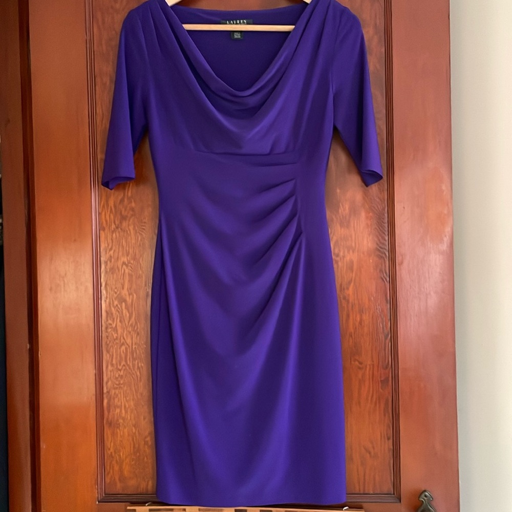 Ralph Lauren purple cowl neck sheath elbow sleeve dressy dress lined size 2p